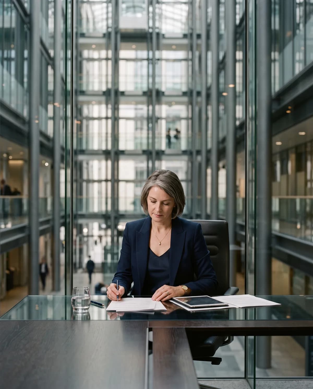 A consulting partner at work in a glass corporate atrium